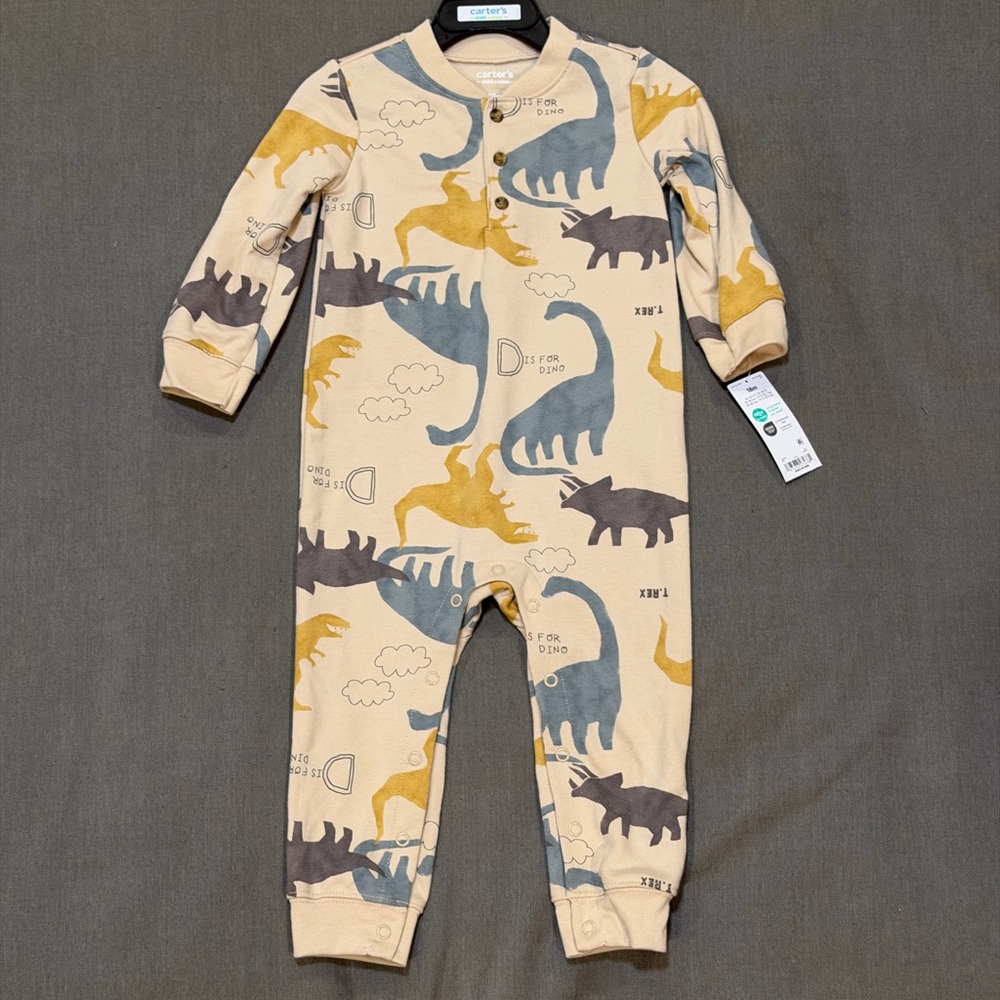 Carter's Cream One-Piece with Blue, Mustard and Gray Dinosaurs